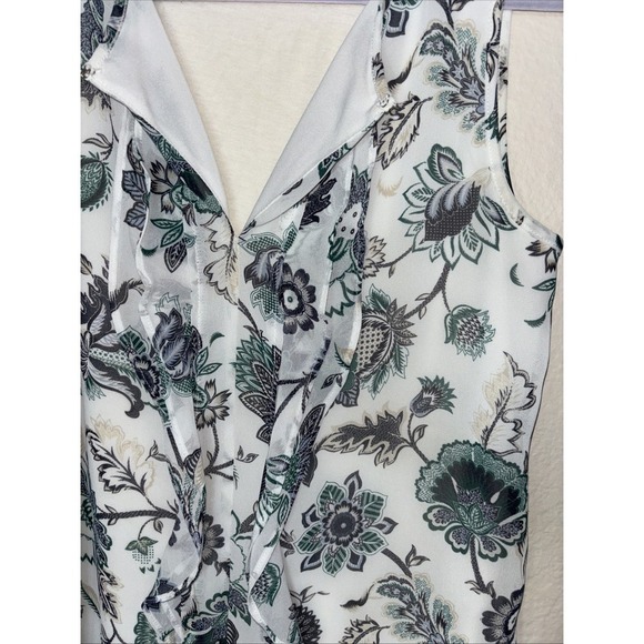 Ann Taylor Factory Sleeveless Blouse Small Petite White Floral Ruffle Neck - Picture 3 of 5